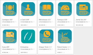 Imagem: Captura de tela da loja de aplicativos do sistema Android ao pesquisar os aplicativos da Universidade de São Paulo.